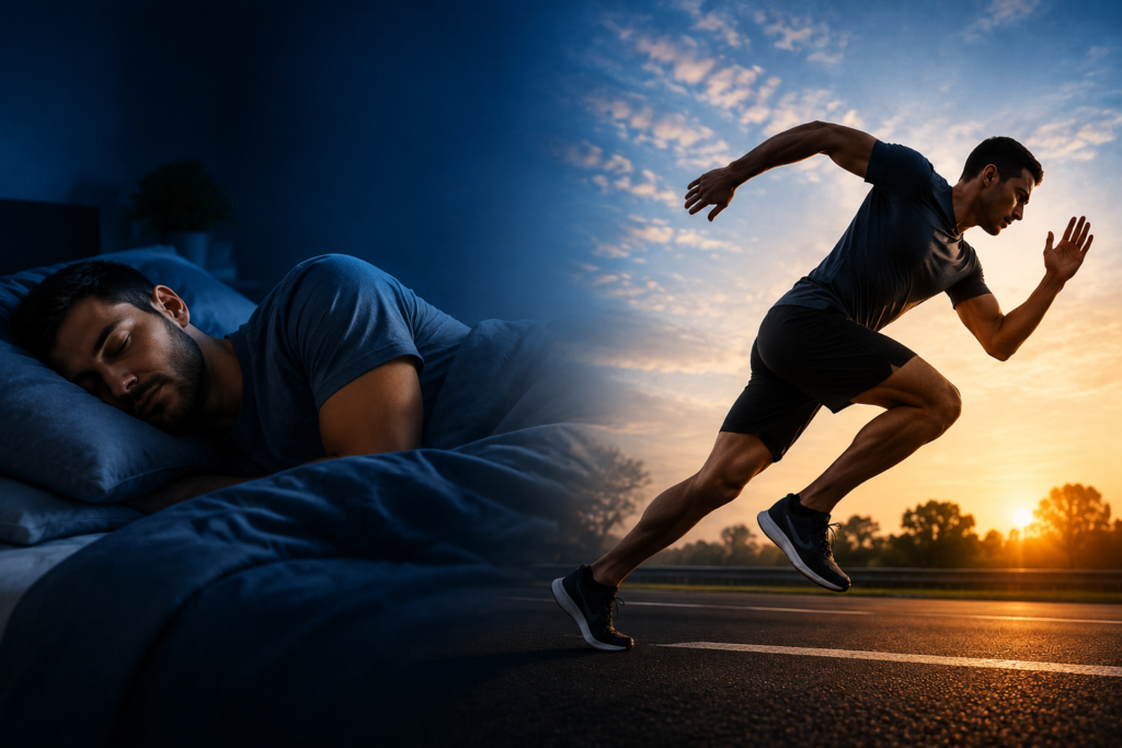 Comparação de sono vs. treino: pessoa dormindo à noite em tons azuis vs. atleta correndo ao amanhecer em tons quentes, mostrando sono como ferramenta ergogênica e essencial para recuperação e performance