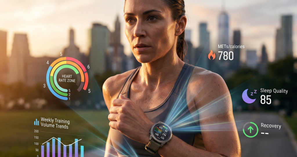Atleta em treino com smartwatch exibindo métricas de performance: METs, qualidade de sono, volume de treino e recuperação — mostrando monitoramento integrado de saúde e performance