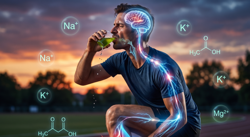 Atleta bebendo suco de picles com ilustração de eletrólitos (sódio, potássio, magnésio, cloro) fluindo no corpo, mostrando benefício de eletrólitos para hidratação e prevenção de câimbras em competição