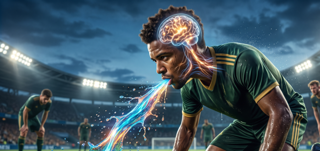 Jogador de futebol em ação no estádio com cérebro aceso e corpo em movimento, representando foco mental, concentração e excelência neuromuscular em esporte de equipe