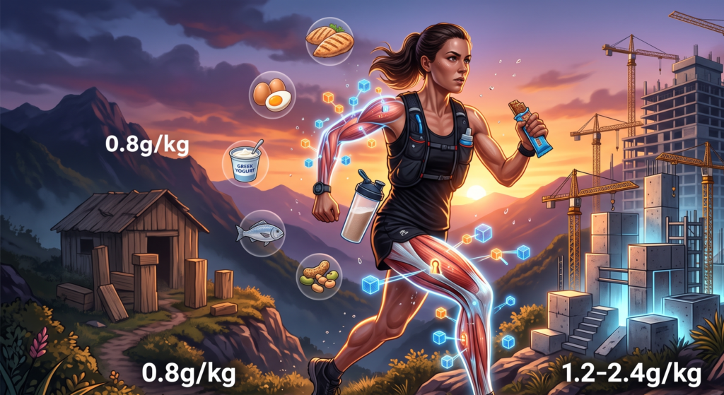 Atleta em corrida de trail com demonstração visual de recomendação de proteína por peso corporal (0.8g/kg em endurance, 1.2-2.4g/kg em performance/ganho muscular), mostrando periodização de nutrição protéica