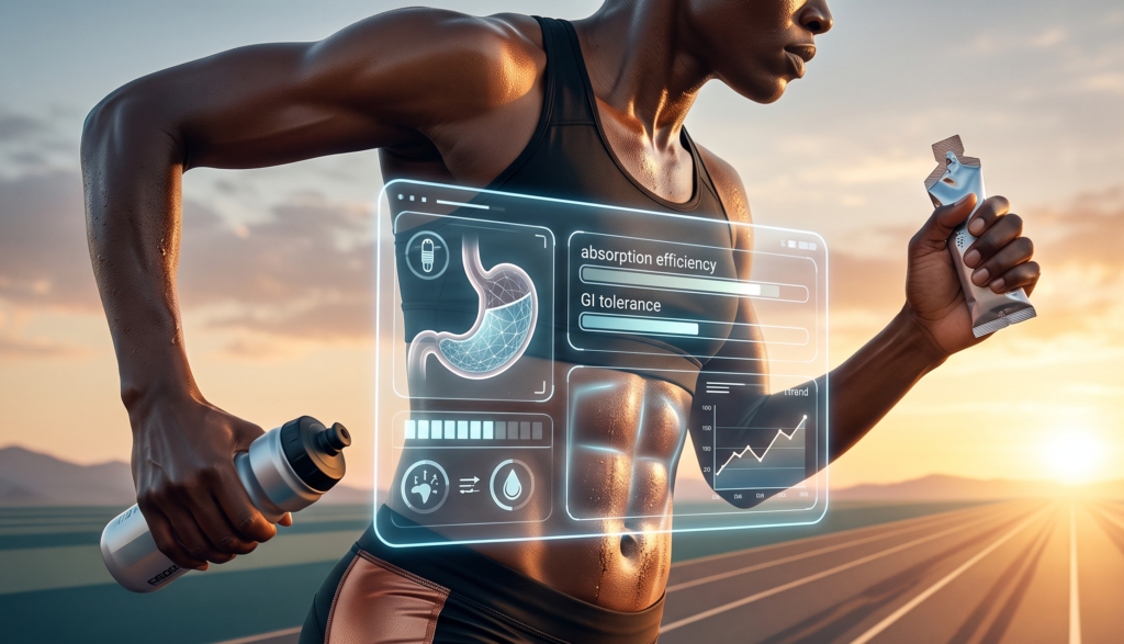 Atleta em treino com holograma flutuante exibindo métricas de digestão, eficiência metabólica e dados biométricos em tempo real, mostrando integração de nutrição e performance