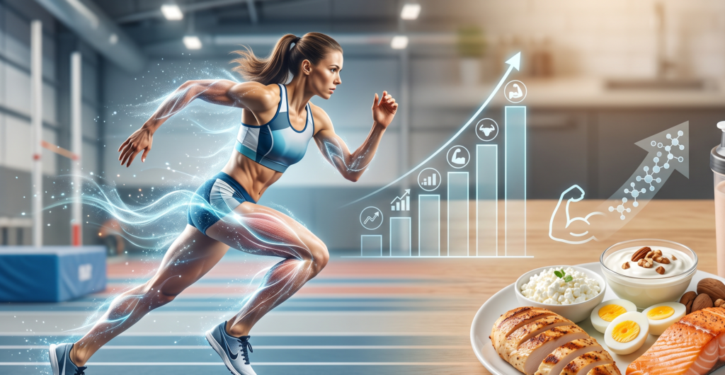 Atleta em treino intenso com gráficos de progresso e análise de nutrição, mostrando refeição balanceada ao lado — ilustrando integração de dados de treino e nutrição para máxima performance