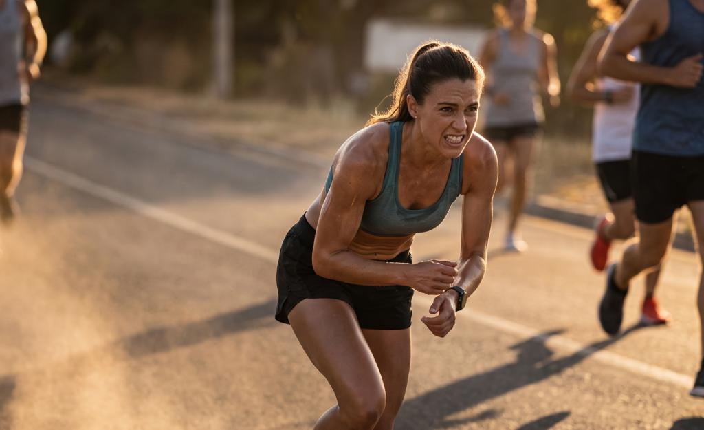Corredora em prova de corrida noturna em via pública, ilustrando performance de endurance e estratégia de nutrição durante competição