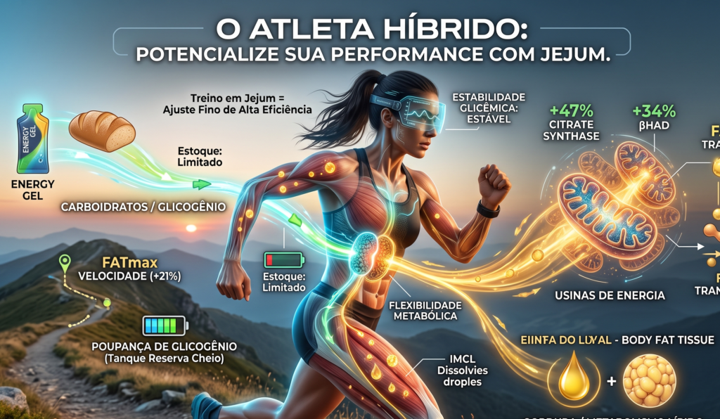 Infográfico técnico do atleta híbrido: corredora treinando em jejum com análise de carboidrato vs. gordura, citrato sintase, beta-oxidação e usinas de energia — mostrando estratégia de adaptação metabólica e combustível para endurance