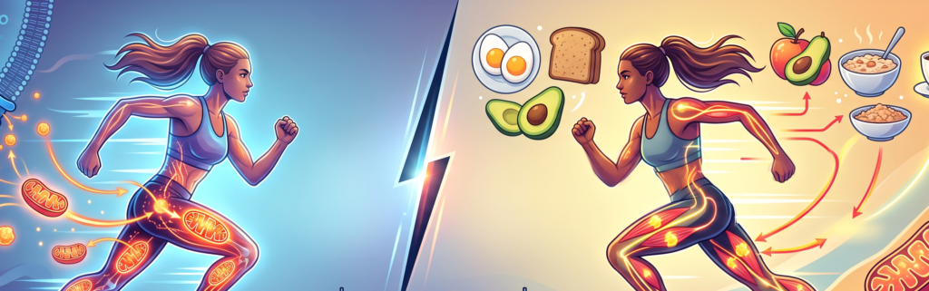 Comparação de duas atletas: uma jejuada com corpo em tons frios mostrando fadiga vs. outra alimentada com alimentos coloridos (frutas, carboidratos) em tons quentes e energéticos, ilustrando impacto de nutrição pré-treino em performance