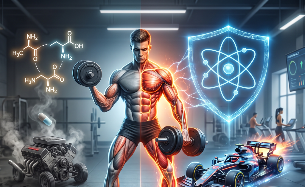 Atleta em academia com moléculas de aminoácidos e proteína ilustradas, com símbolo atômico brilhando, mostrando importância de proteína como base de construção muscular e performance