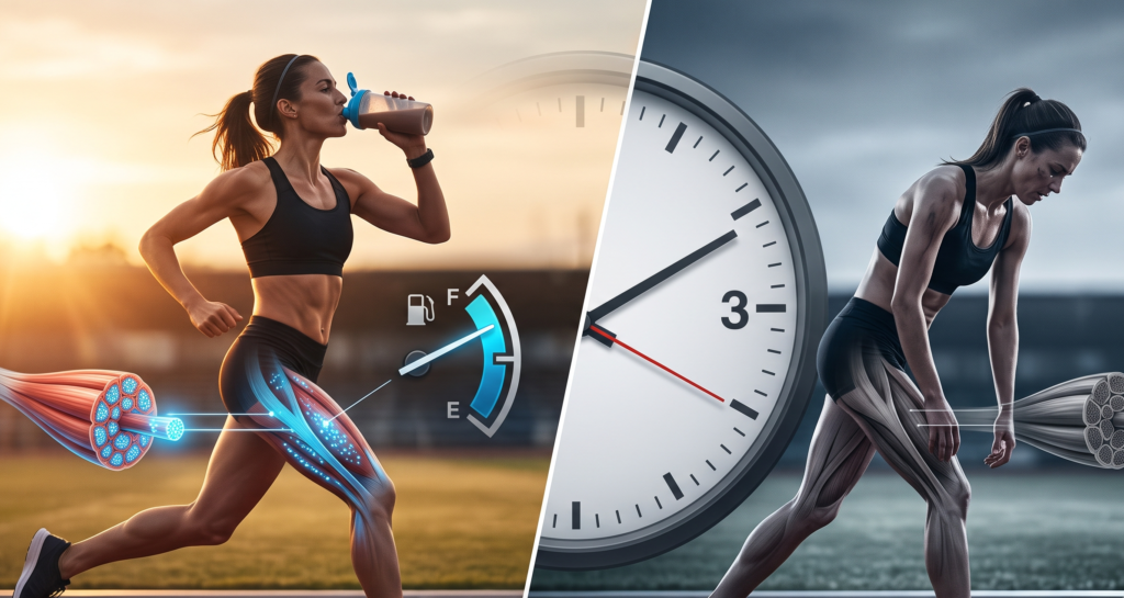 Atleta correndo ao amanhecer com análise de energia e resistência vs. atleta em cronômetro de 3 minutos, comparando estratégias de esforço e timing para otimizar performance
