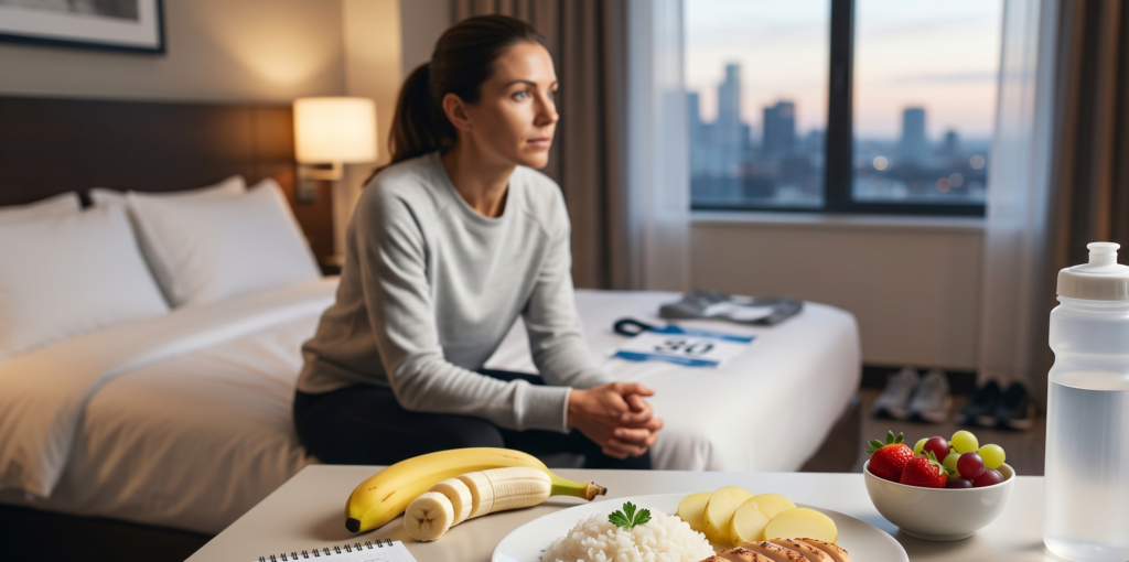 Mulher em quarto de hotel/residência observando a cidade pela manhã com alimentos saudáveis (banana, frutas, água) sobre a cama, representando planejamento nutricional matinal e recuperação pós-treino