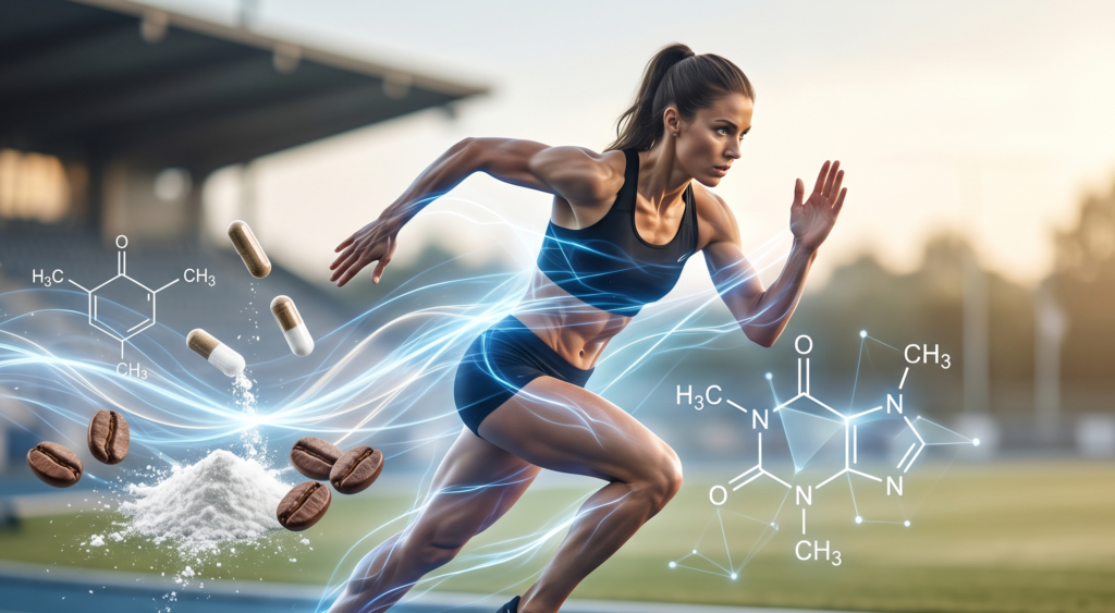 Atleta correndo em pista com ilustração da molécula de cafeína e cápsulas de suplemento, representando o efeito ergogênico da cafeína na performance esportiva