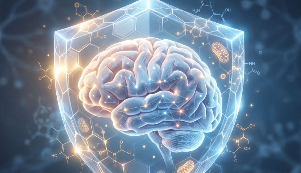 Cérebro humano com estrutura molecular e proteínas brilhando ao fundo, representando saúde cognitiva e blindagem neuronal contra envelhecimento através de nutrição