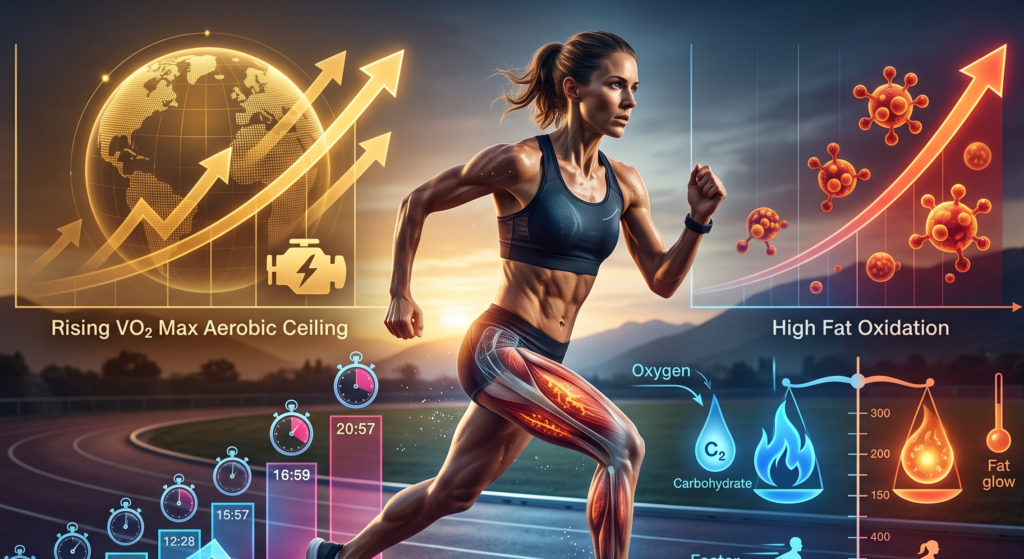 Corredora em ambiente de análise técnica com gráficos de VO₂ máximo, oxidação de gordura e metabolismo de carboidratos, mostrando dados de performance aeróbica em endurance