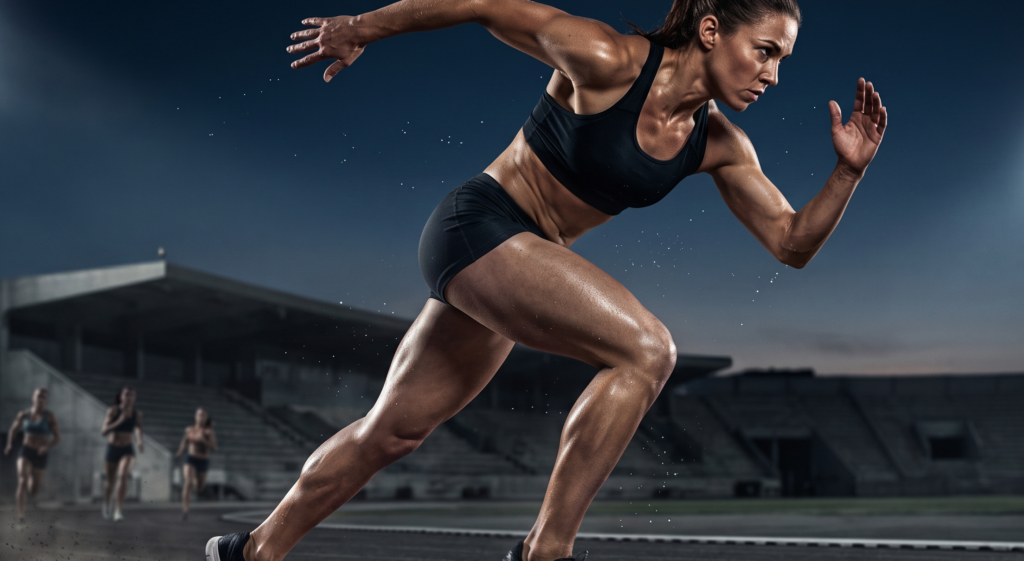 Atleta sprinter em posição de explosão no estádio, ilustrando o poder dos músculos durante sprint e aceleração em competição esportiva
