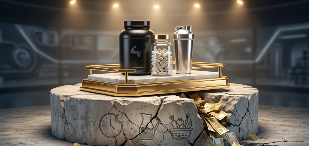Suplementos de qualidade e dinheiro em um pedestal de ouro e mármore, representando o custo-benefício e importância de suplementação bem feita para performance esportiva