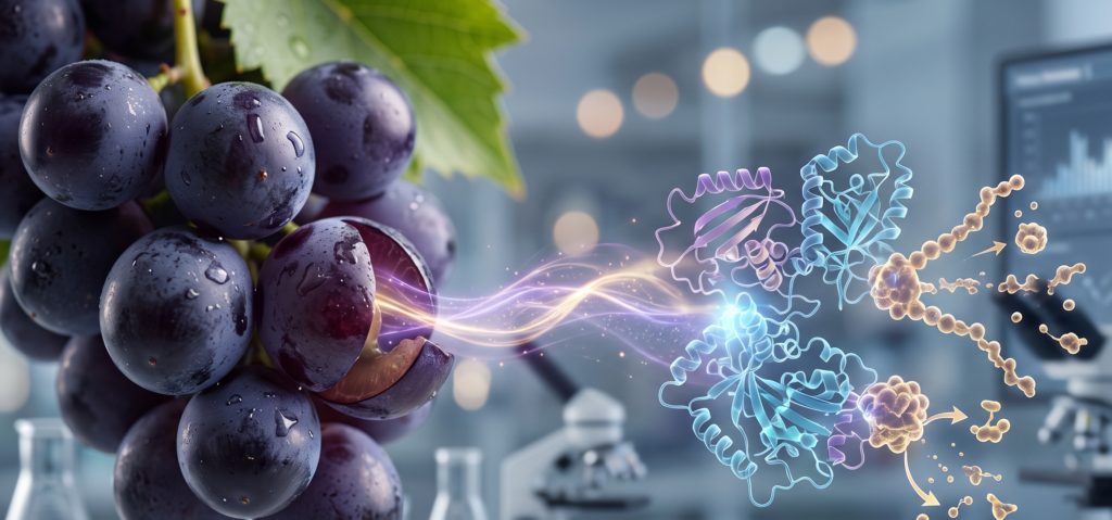 Uvas roxas com ilustração de moléculas de resveratrol e antioxidantes, mostrando o poder antioxidante dessa substância para envelhecimento e performance esportiva