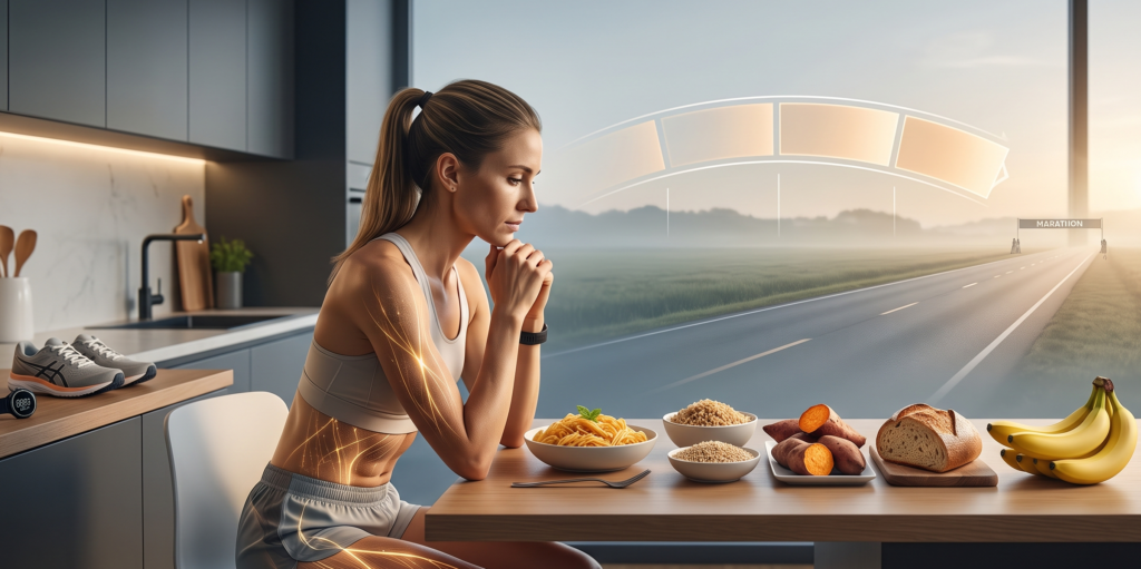 Atleta planejando nutrição pré-prova com alimentos à sua frente (carboidratos, frutas, grãos) e maratona ao fundo, representando estratégia de alimentação antes da competição