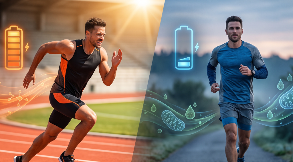 Dois corredores: um em sprint com bateria carregada representando energia máxima, outro em corrida de resistência com hidratação, mostrando estratégias de combustível diferentes por tipo de performance